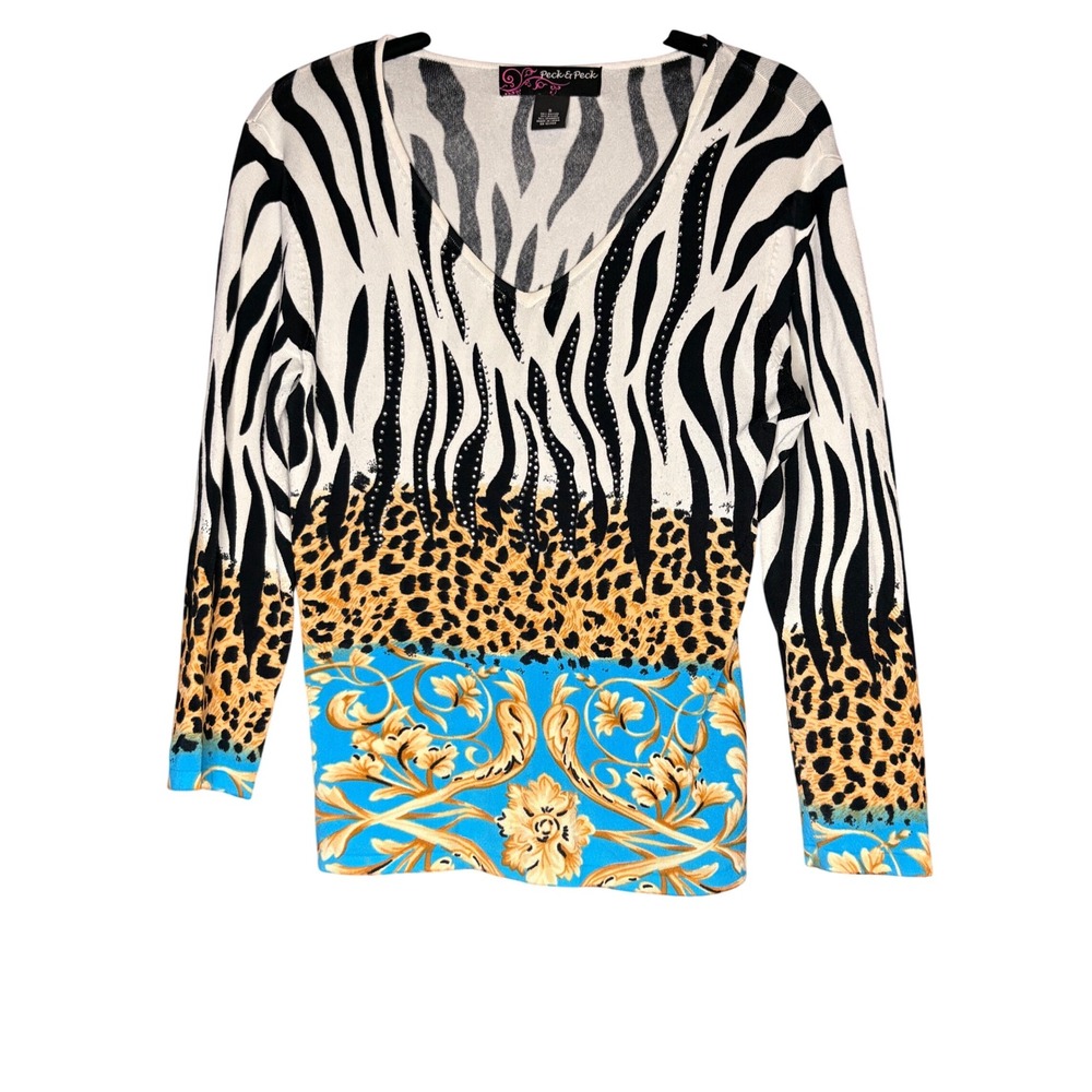 Peck & Peck Animal Print Embellished V-Neck Top Zebra Leopard Floral Small